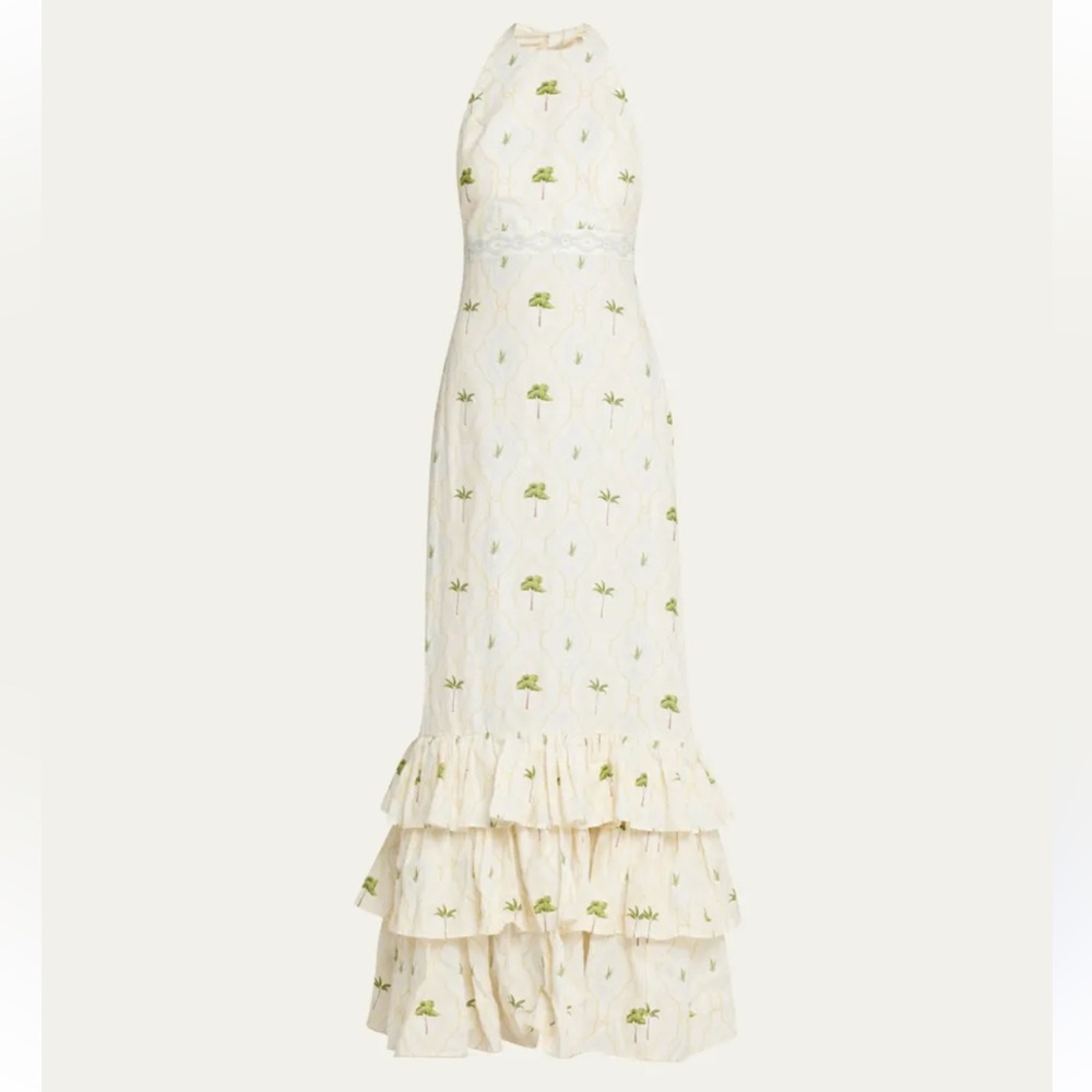Agua Bendita Cream Maxi Halter Dress with Green Palm Print - Picture 2 of 9